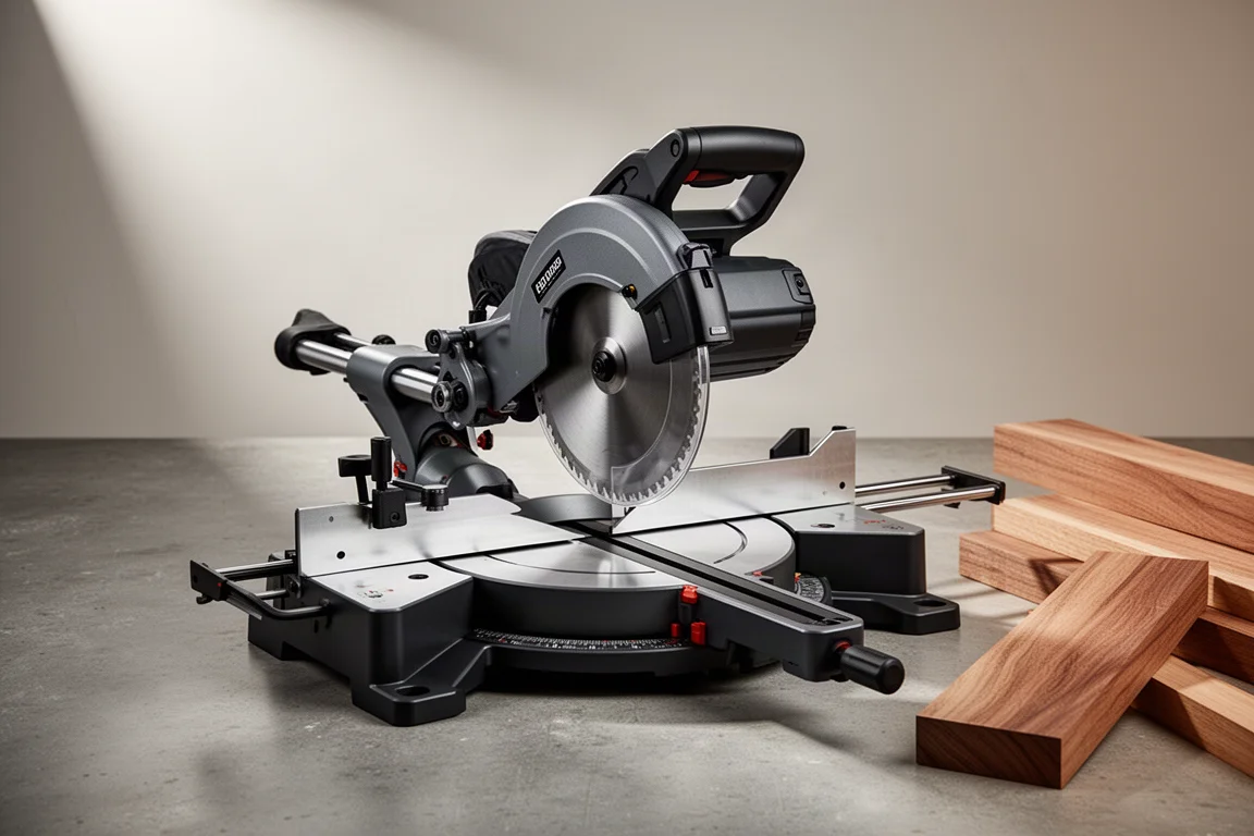 Modern sliding compound miter saw photographed on a concrete workshop floor