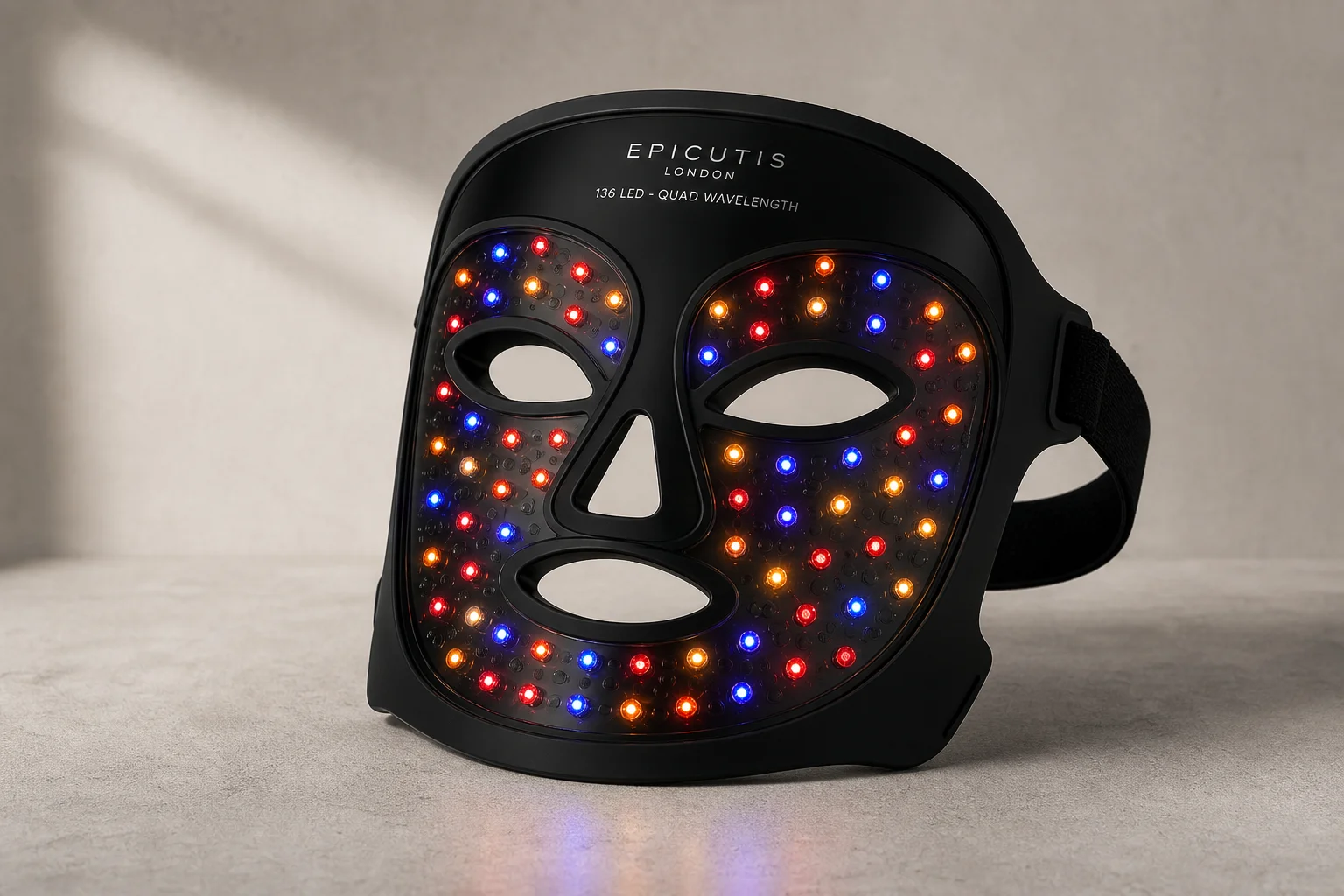Cinque maschere per terapia facciale a LED disposte in un arco discendente su una superficie bianca