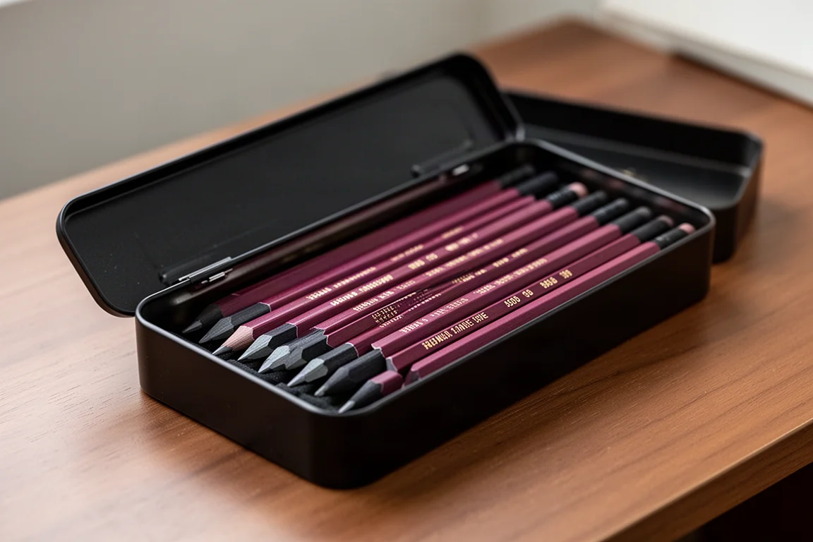 Geöffnete schwarze Blechdose mit nach Grade sortierten Graphitstiften auf einem Schreibtisch