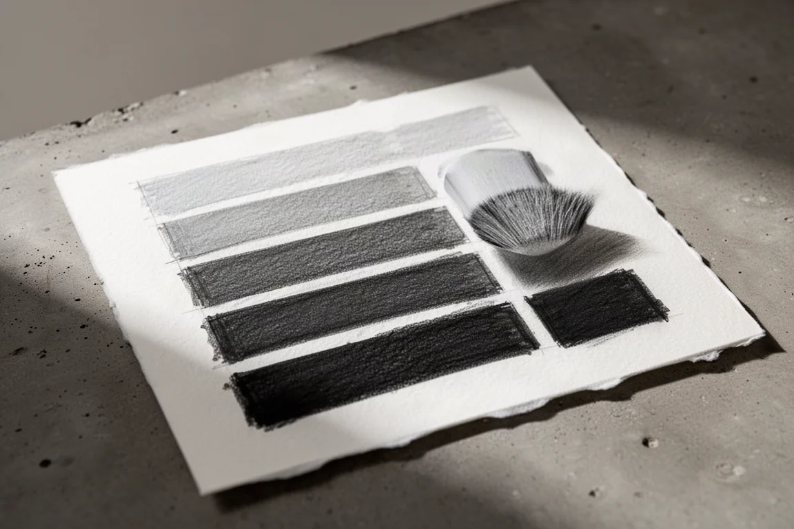 Swatch-Blatt mit Graphitabstrichen und Tonwertspektrum von hell bis dunkel