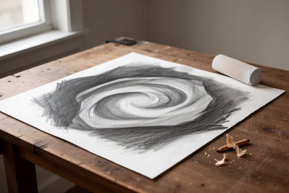 Fertige Graphitzeichnung auf Papier, beleuchtet von weichem Tageslicht