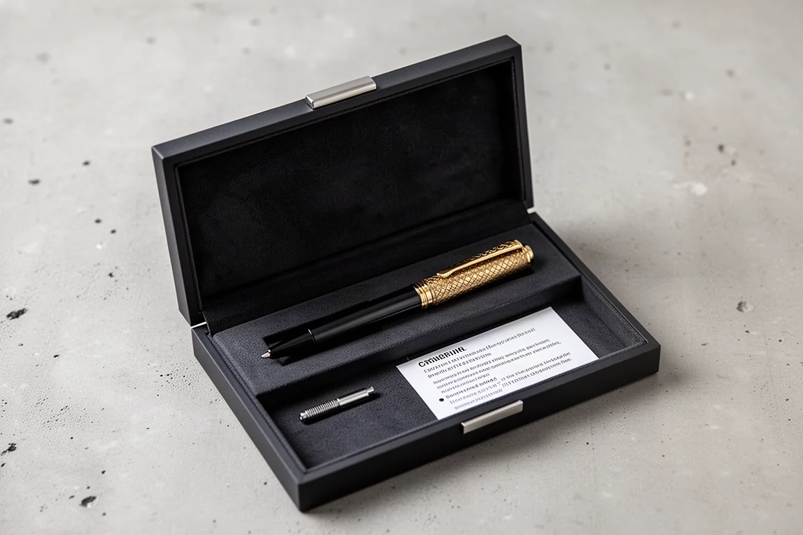 Schwarzer Kugelschreiber in seiner zweiteiligen Präsentationsbox mit Magnetverschluss