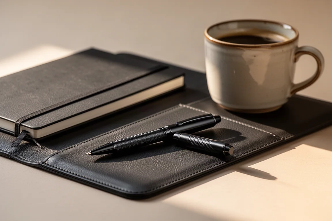 Stift auf dem Schreibtisch neben einer Kaffeetasse im weichen Abendlicht