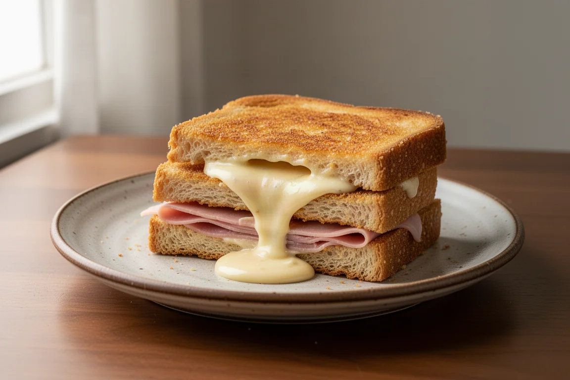 Croque monsieur med smält ost som rinner ut på en tallrik