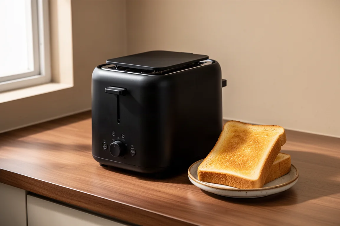 Compact matte black toaster with a slice of golden toast beside it on a wooden counter