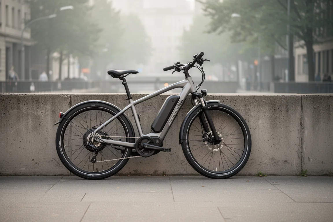Günstiges E-Bike auf einer Stadtstraße bei weichem Tageslicht geparkt