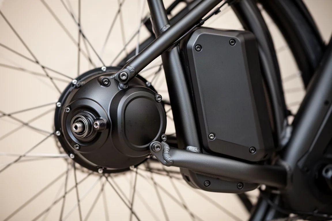 Nahaufnahme eines Hinterrad-Nabenmotors und eines Akkupacks an einem E-Bike