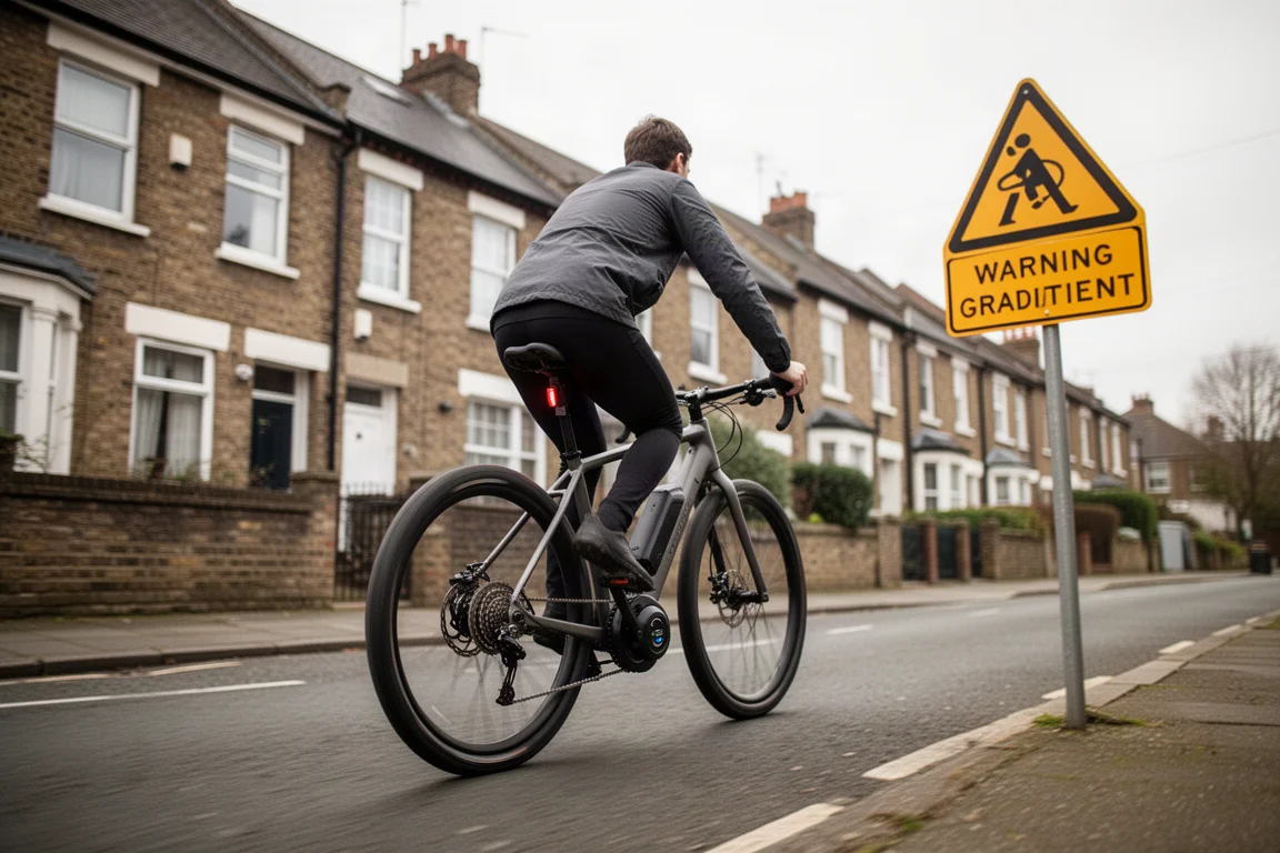 Fahrer, der auf einem E-Bike eine steile Stadtstraße erklimmt