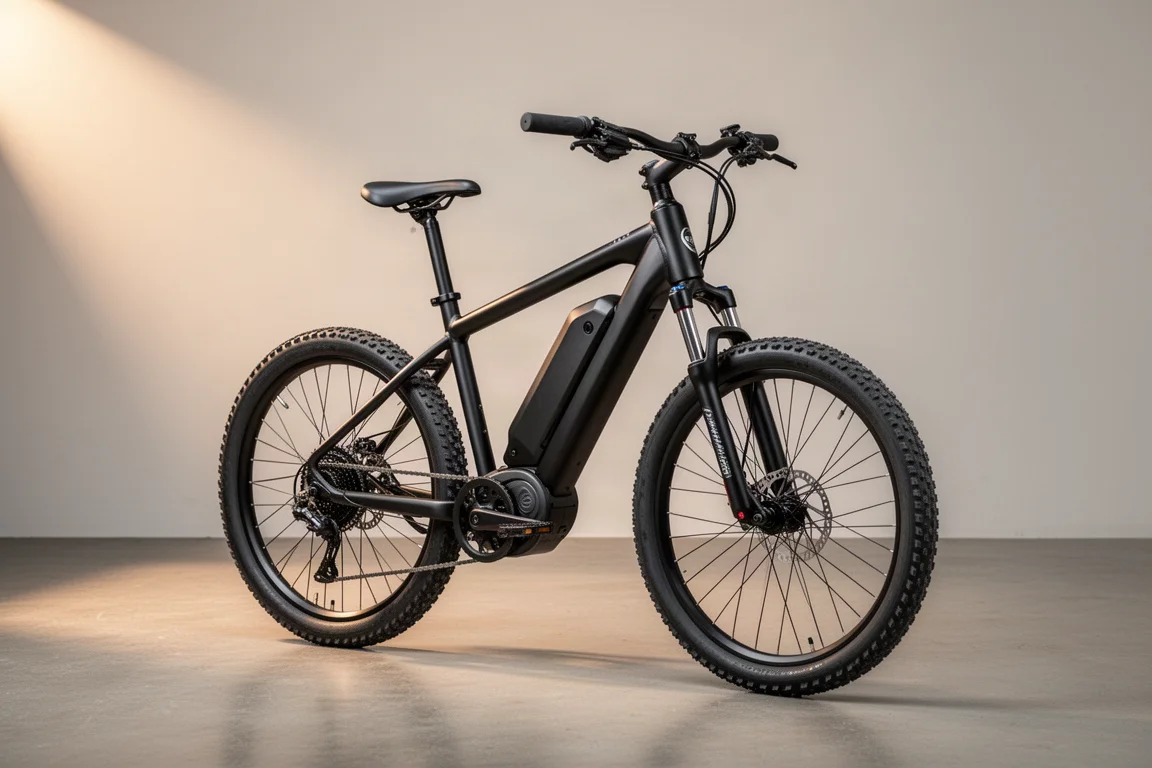Bici elettrica economica con motore al mozzo posteriore e batteria sul tubo obliquo su cemento