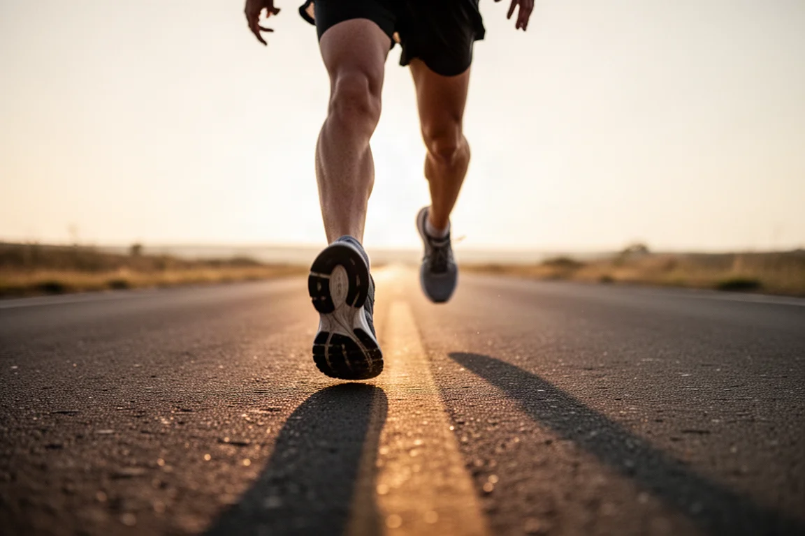 Runner in piena corsa su una strada deserta all'alba, scarpe da gara visibili nel movimento