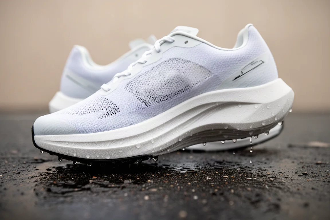 Primo piano di midsole e geometria a rocker di una scarpa da gara su asfalto bagnato