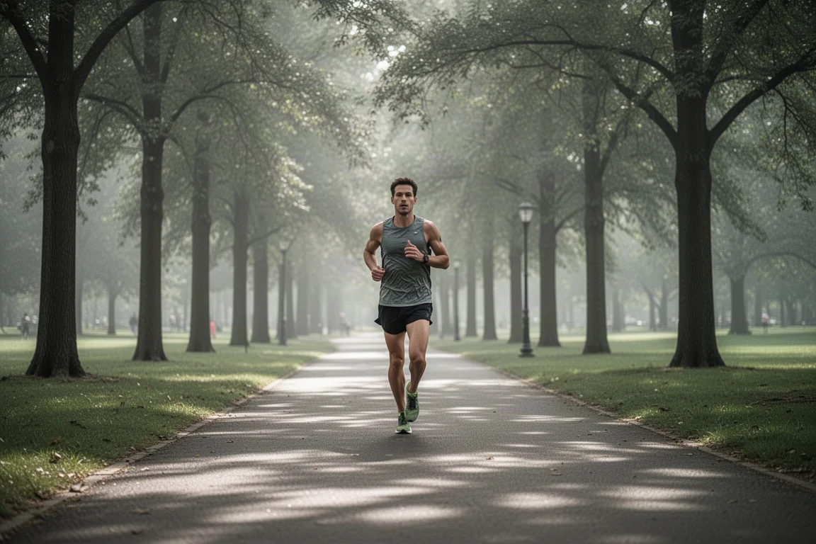 Runner che trotta su un viale alberato di un parco con una luce morbida da allenamento