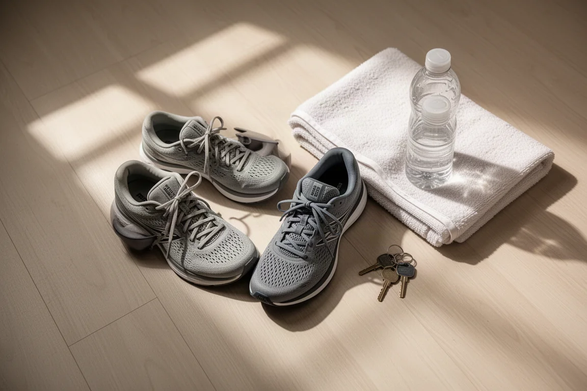 Scarpe da allenamento e attrezzatura da running disposte su un pavimento di legno accanto a una finestra