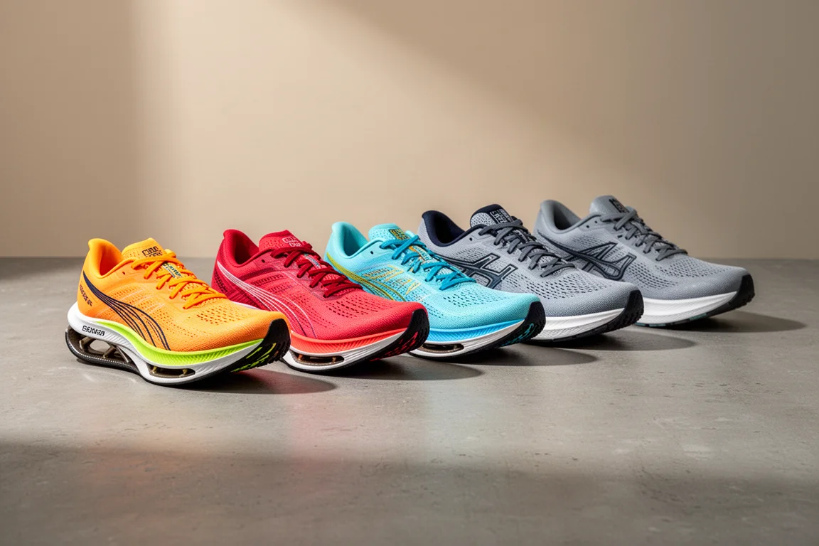 Six Mizuno 2026 running shoes arranged in a row on a concrete surface