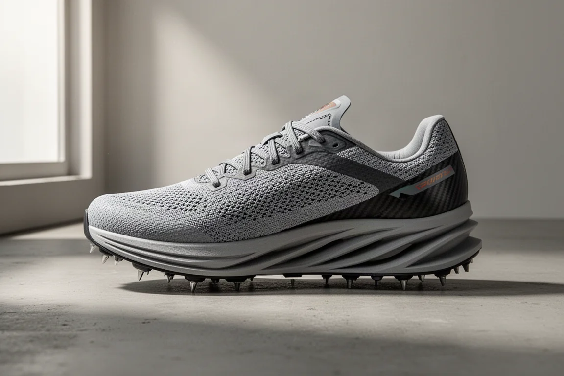 But wyścigowy Mizuno Hyper Warp Elite z grubą, błyszczącą białą podeszwą środkową na betonie