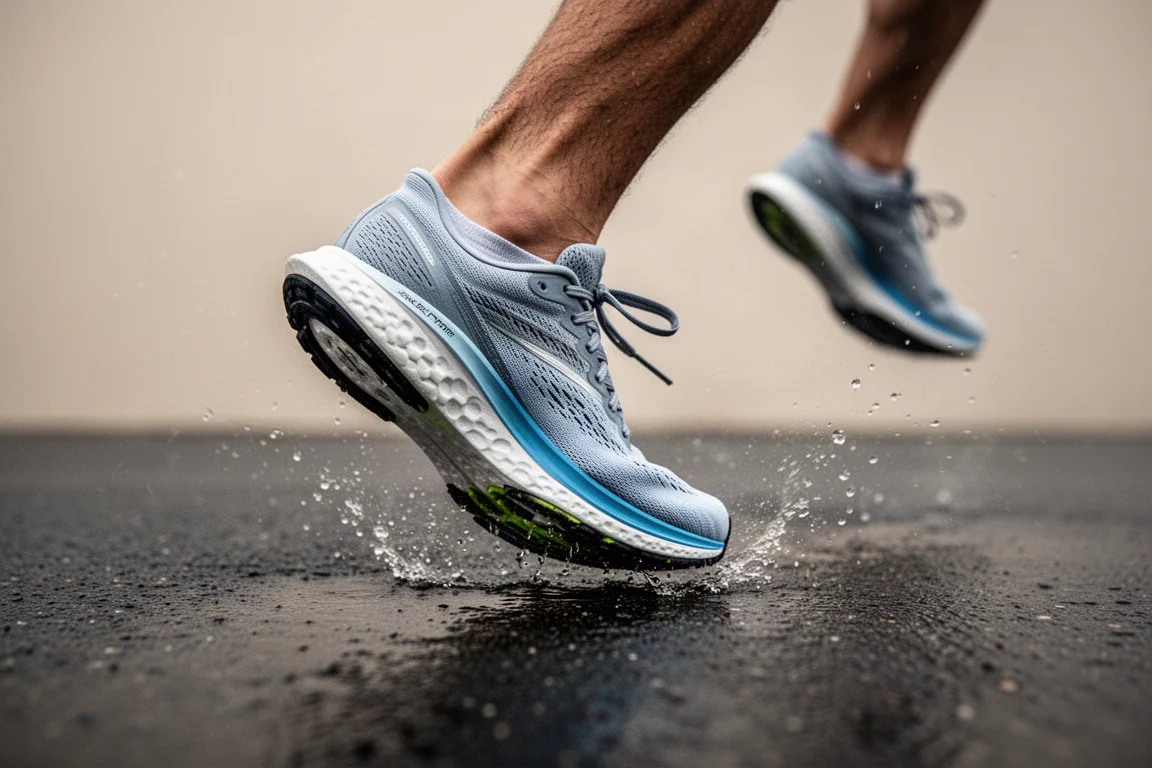 Close-up of a lightweight foam running shoe midsole showing compression detail