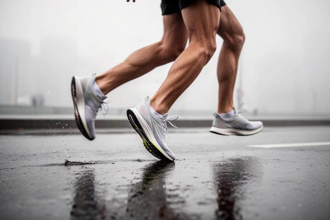 Runner turning over quickly on wet city pavement in a lightweight race shoe