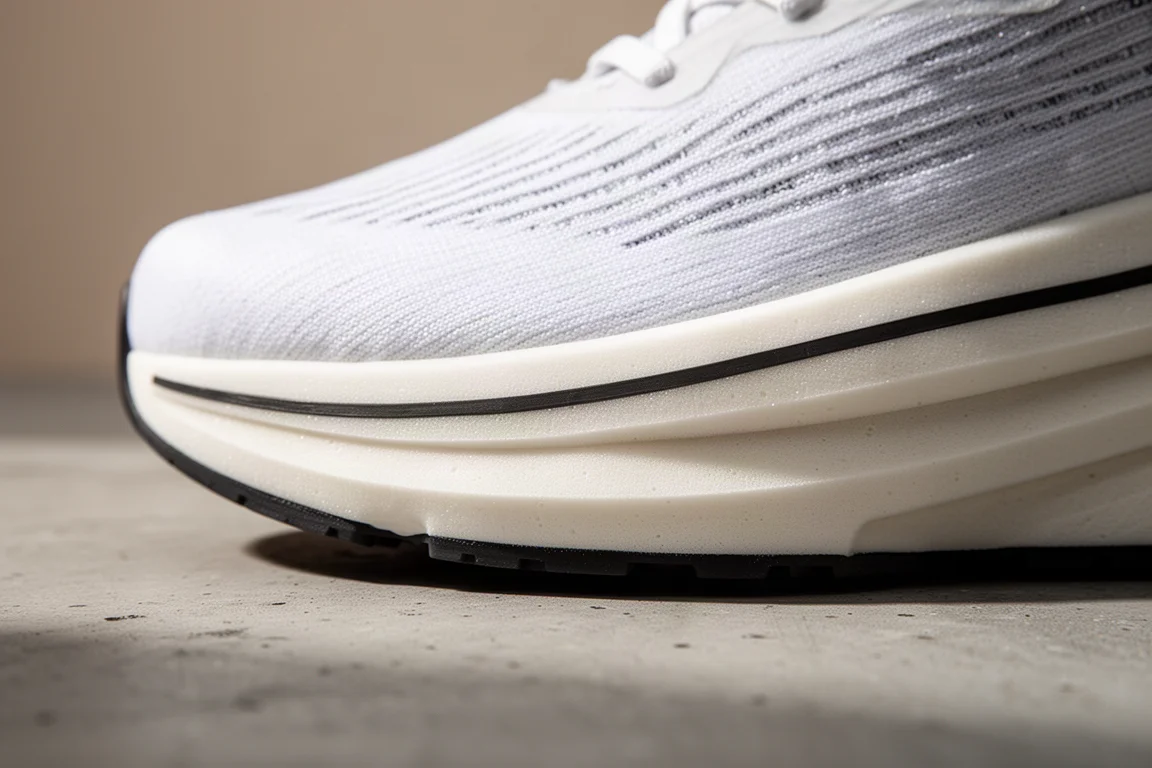 Close-up of a racing shoe midsole showing layered foam construction