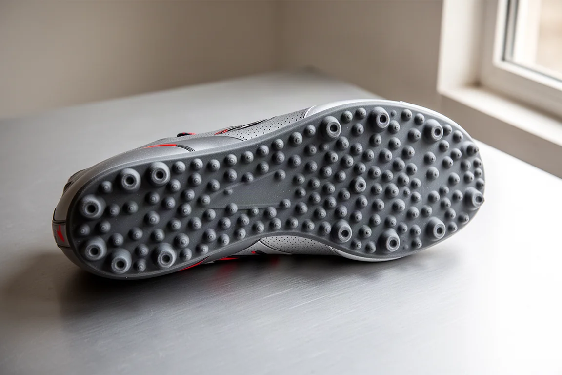 Racing shoe outsole covered in a pattern of tiny studs on grey ground