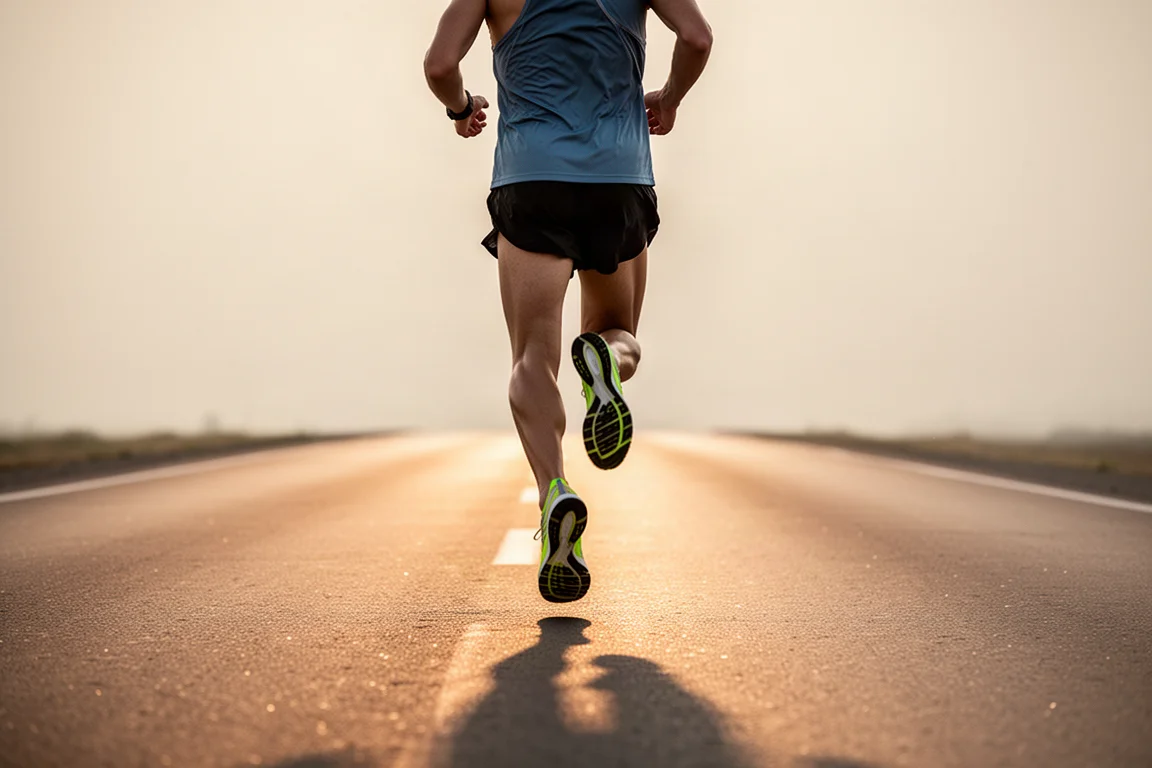 Runner holding smooth even pace on an open road during a tempo session