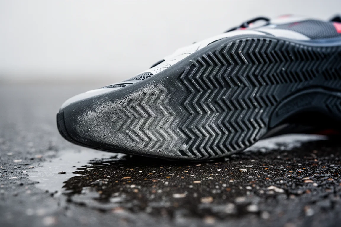 Close-up van de buitenzool van een race schoen met versleten rubber op nat asfalt