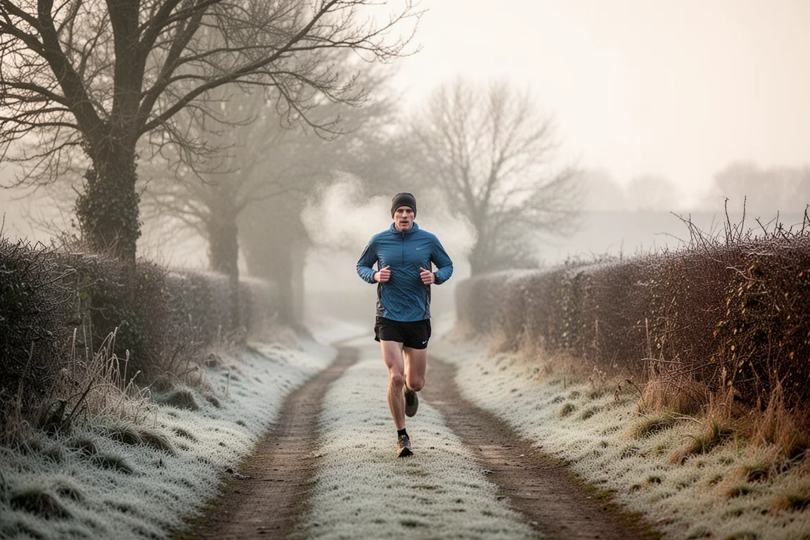 Hardloper midden in een pas op een vorstige landweg in zacht winterlicht