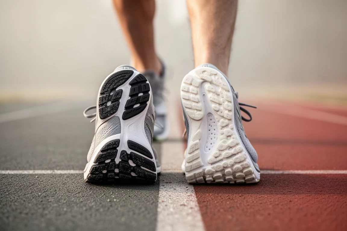 Corredor comparando dois tênis de prova durante um treino de ritmo