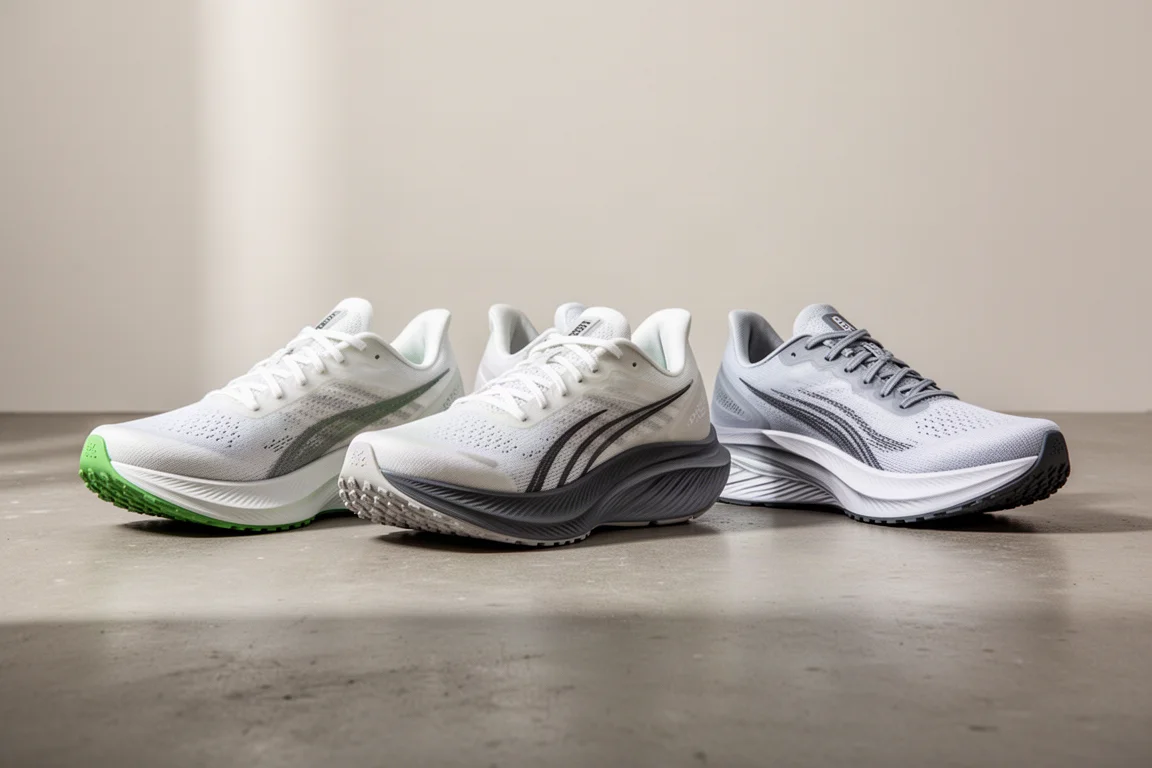 三雙 Mizuno 比賽日跑鞋並排擺放在水泥地面上