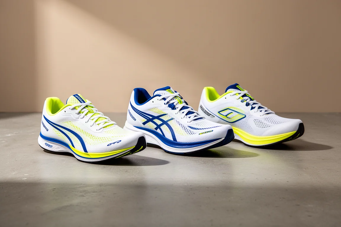 Trois chaussures de course Mizuno Hyperwarp alignées sur une surface en béton