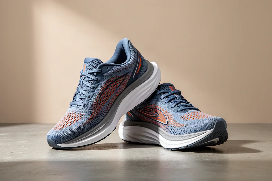 Pair of tall-stacked cushioned running shoes on a matte concrete surface