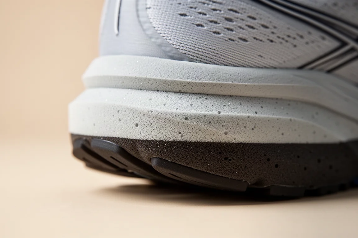 Close-up van een knit upper van een hardloopschoen met geïntegreerde tong en treklipjes