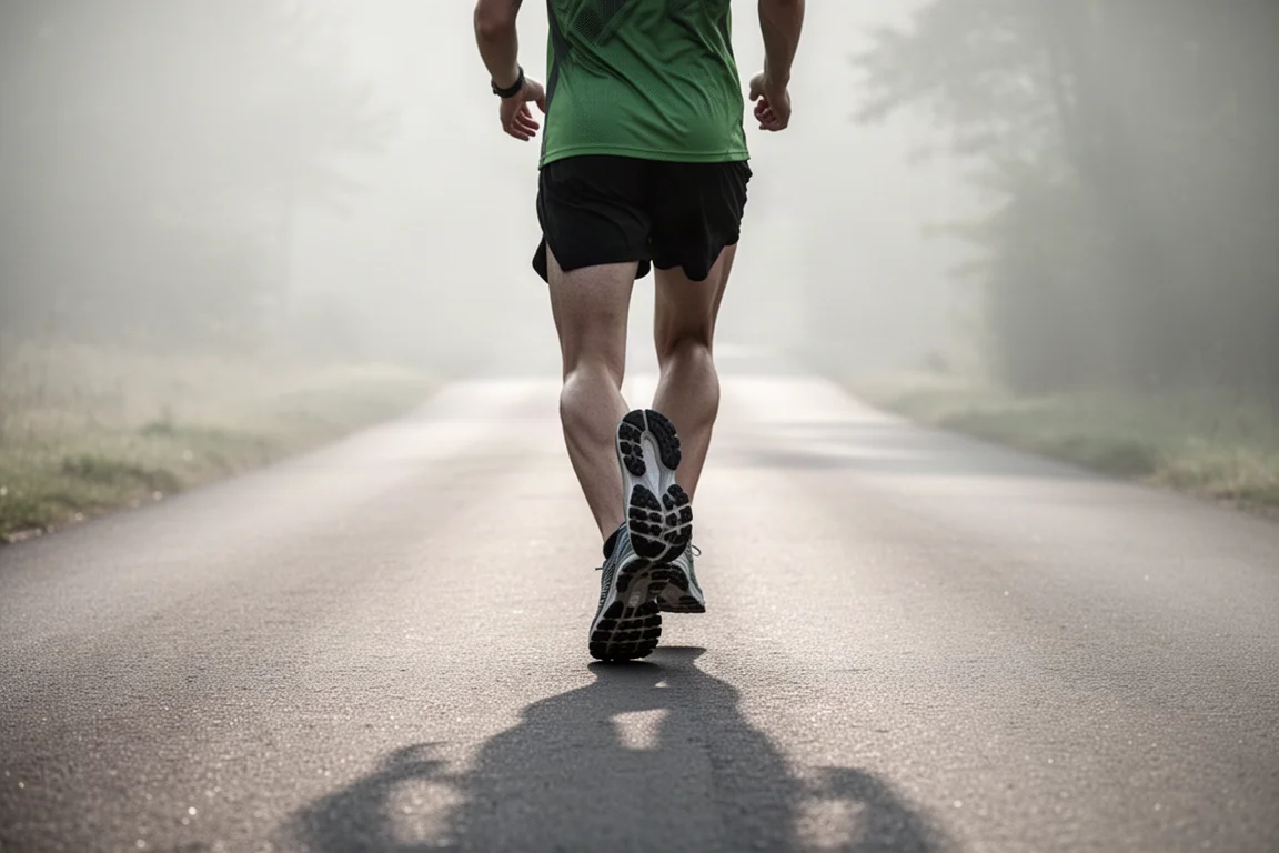 Runner lacing up a thick-soled cushioned running shoe before an easy morning run