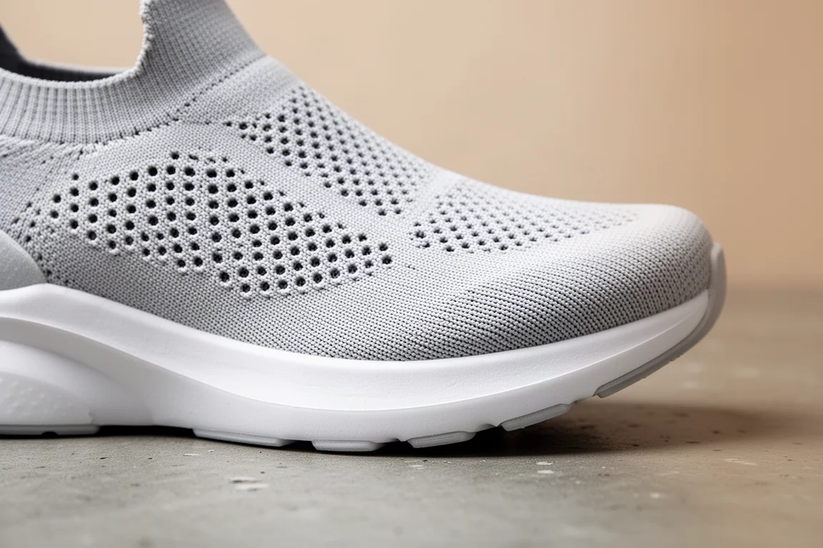 Close-up of a dual-density running shoe midsole showing a soft top layer and firmer base