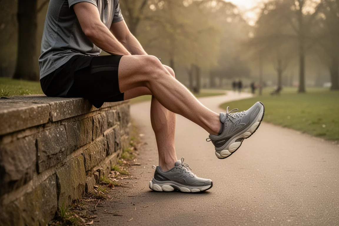 Knit bootie upper of a running shoe stretched gently to show its flexibility