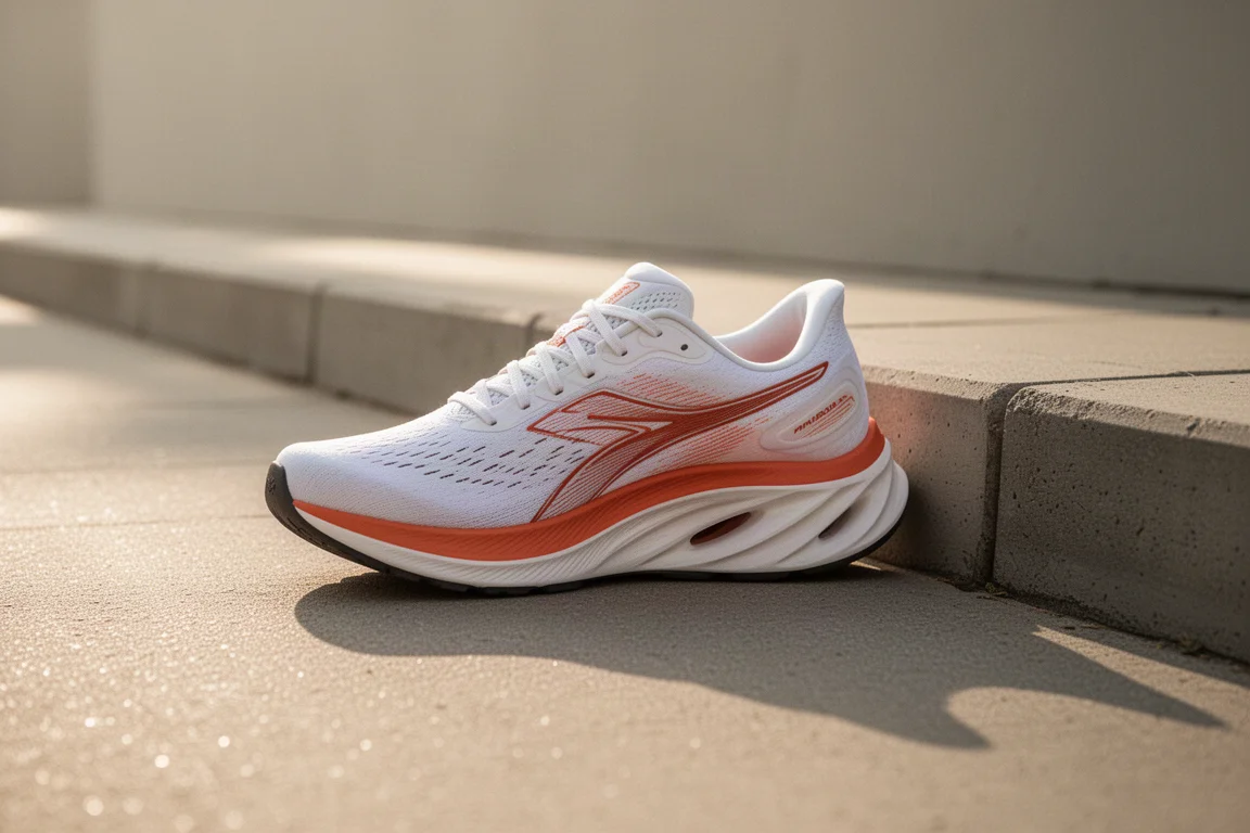 Max cushion running shoe resting on a sunlit pavement after an easy morning run