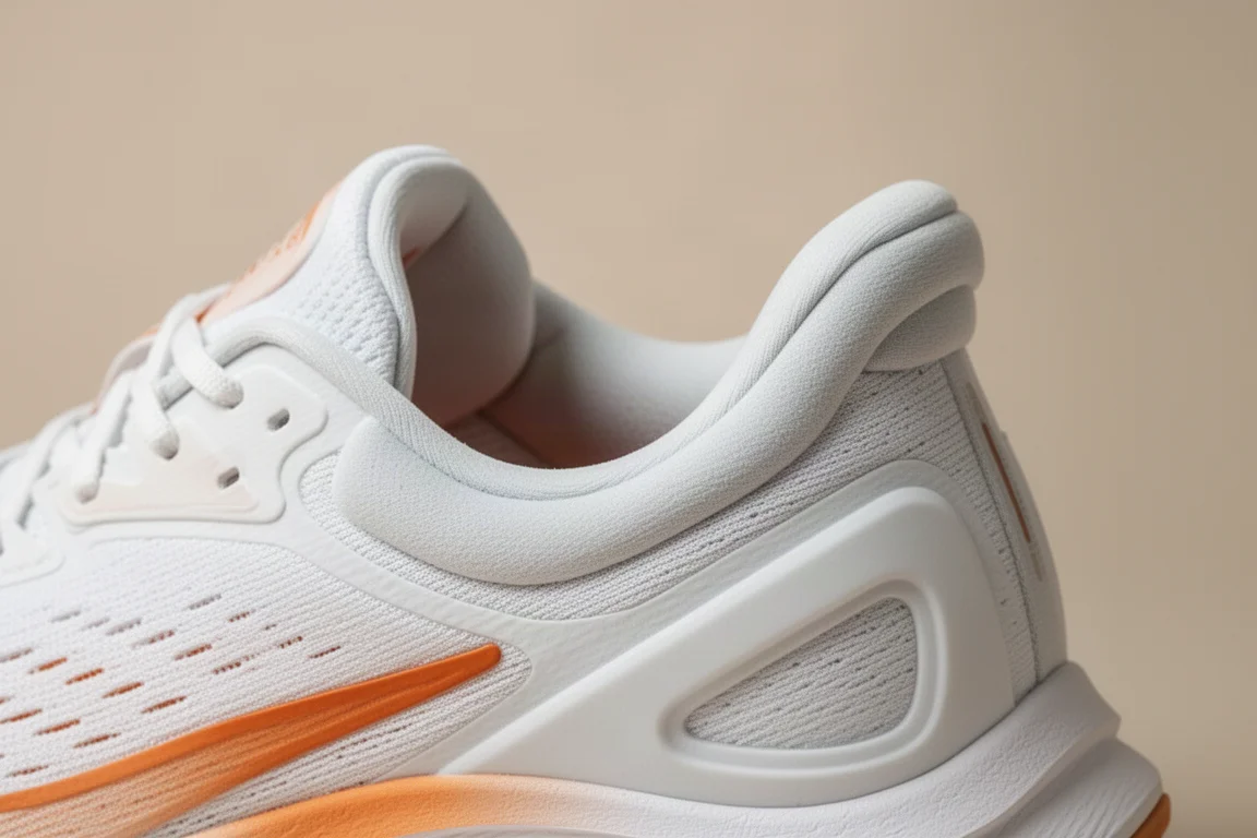 Close-up of the padded heel collar and structured heel counter of a running shoe