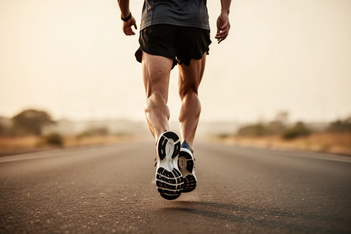 Runner rolling through a smooth turnover on an open road in warm afternoon light