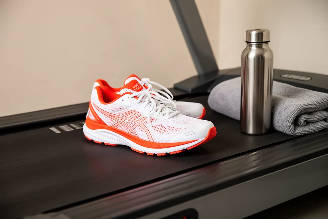 Running shoe placed on a treadmill belt beside a water bottle and sweat towel