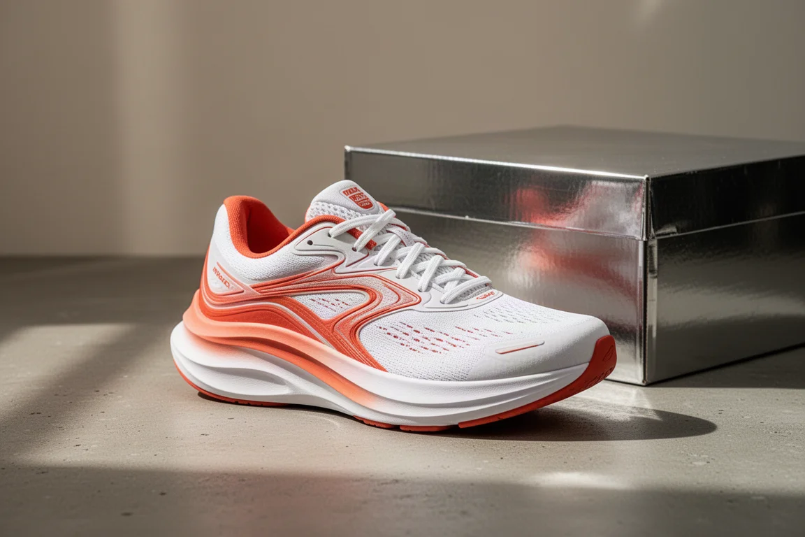 Chaussure de running Mizuno Neo Vista 3 blanche à accents rouge-orangé à côté d'une boîte à chaussures chromée
