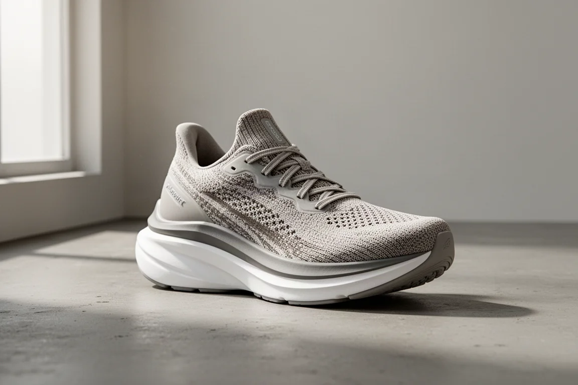 Chaussure de running à amorti maximal à pile haute sur une surface de béton mat