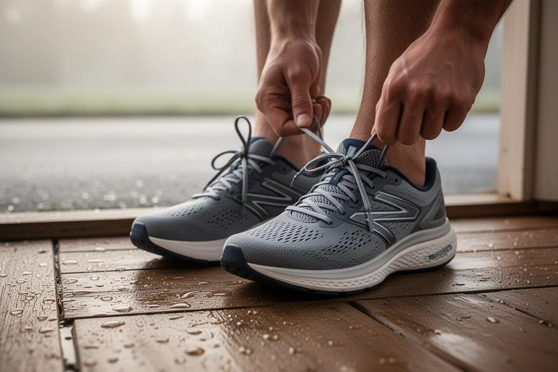 Un corridore allaccia un paio di scarpe da running ad alta ammortizzazione prima di una corsa mattutina