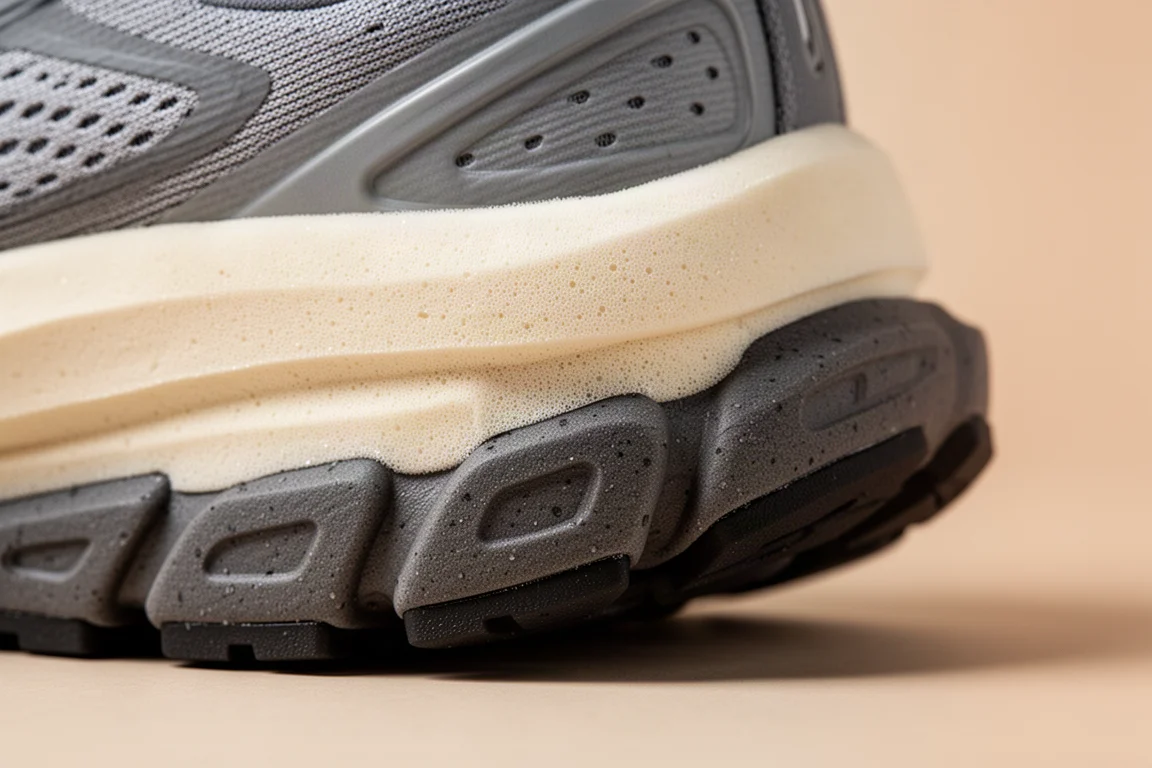 Dettaglio dello spesso intersuola in doppia schiuma di una scarpa da running