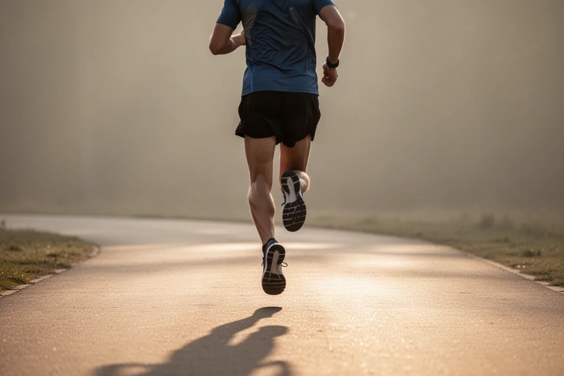 Un corridore procede a ritmo costante moderato su un sentiero asfaltato in luce calda