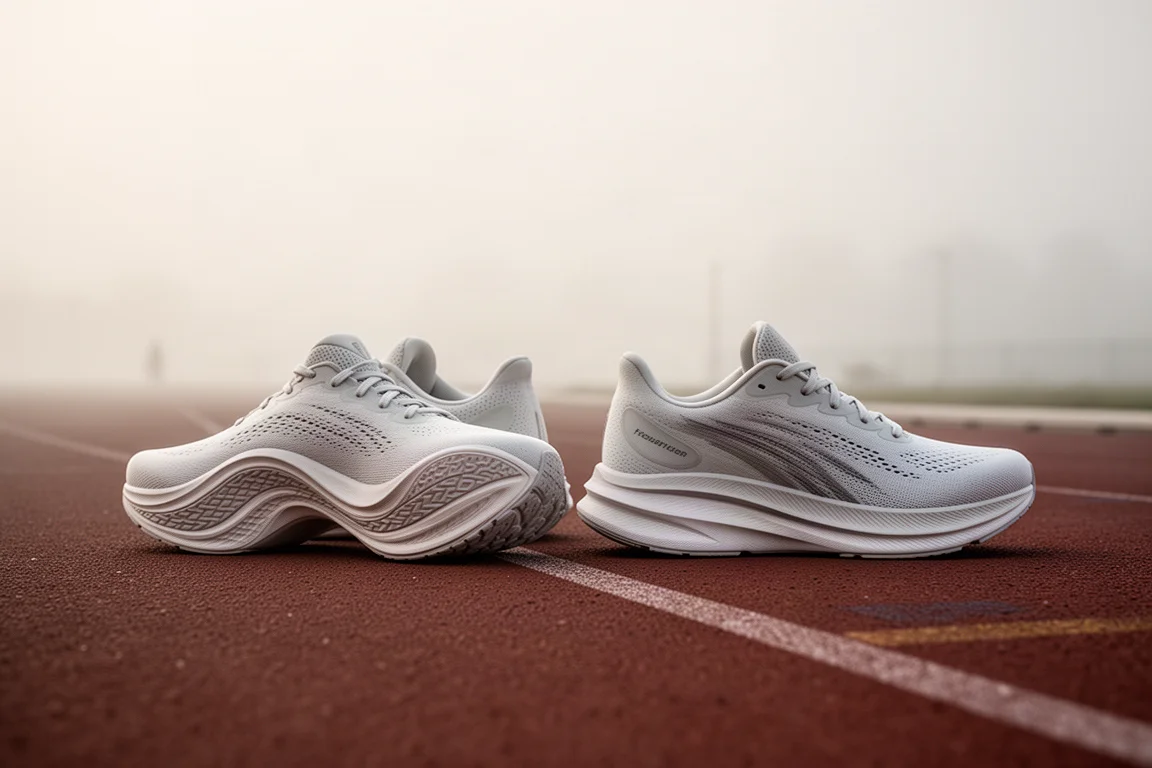 Due paia di scarpe da running affiancate sul bordo di una pista per il confronto