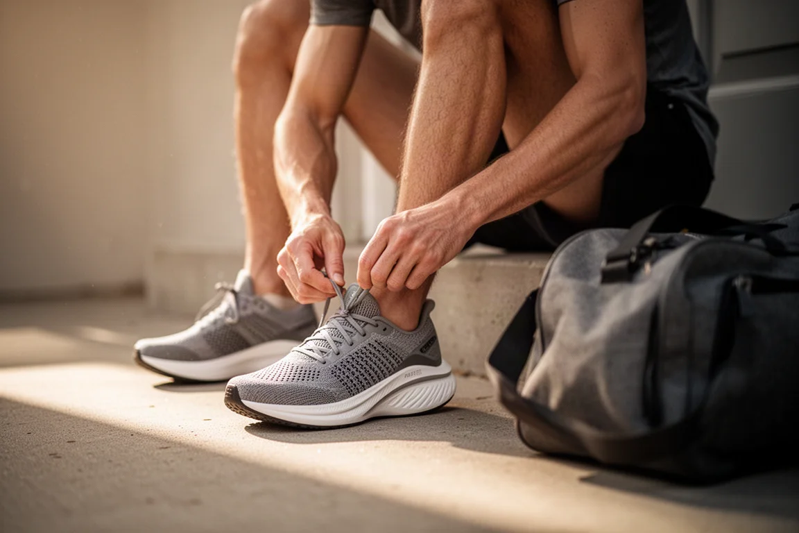 Close-up of a tall, soft midsole foam of a modern running shoe