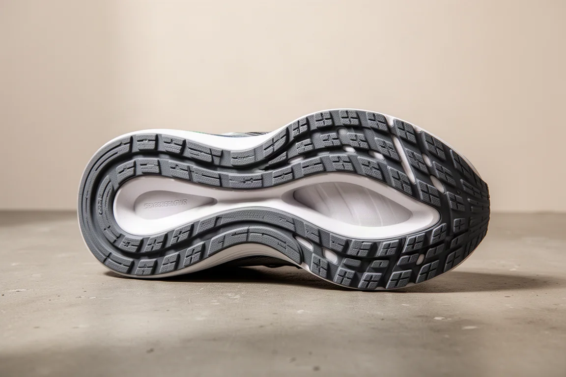 Worn outsole of a running shoe showing rubber wear on the forefoot
