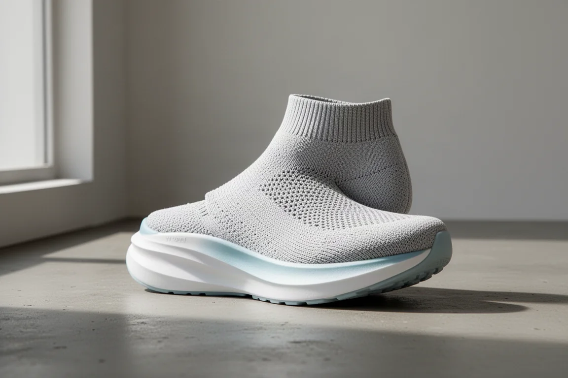 Mizuno Neo Vista Laufschuh mit hoher, skulpturierter Mittelsohle auf Betonoberfläche
