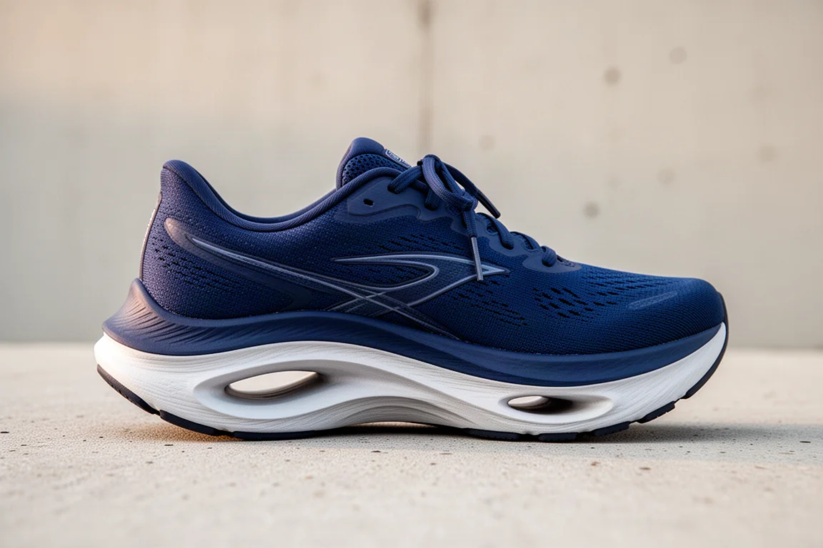 Chaussure de running à empilement élevé vue de profil avec semelle intermédiaire rocker incurvée