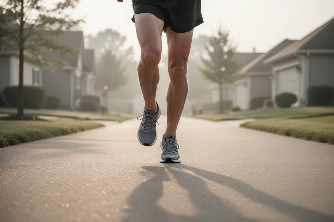Coureur évoluant à allure détendue sur une chaussée résidentielle calme aux premières lueurs du matin