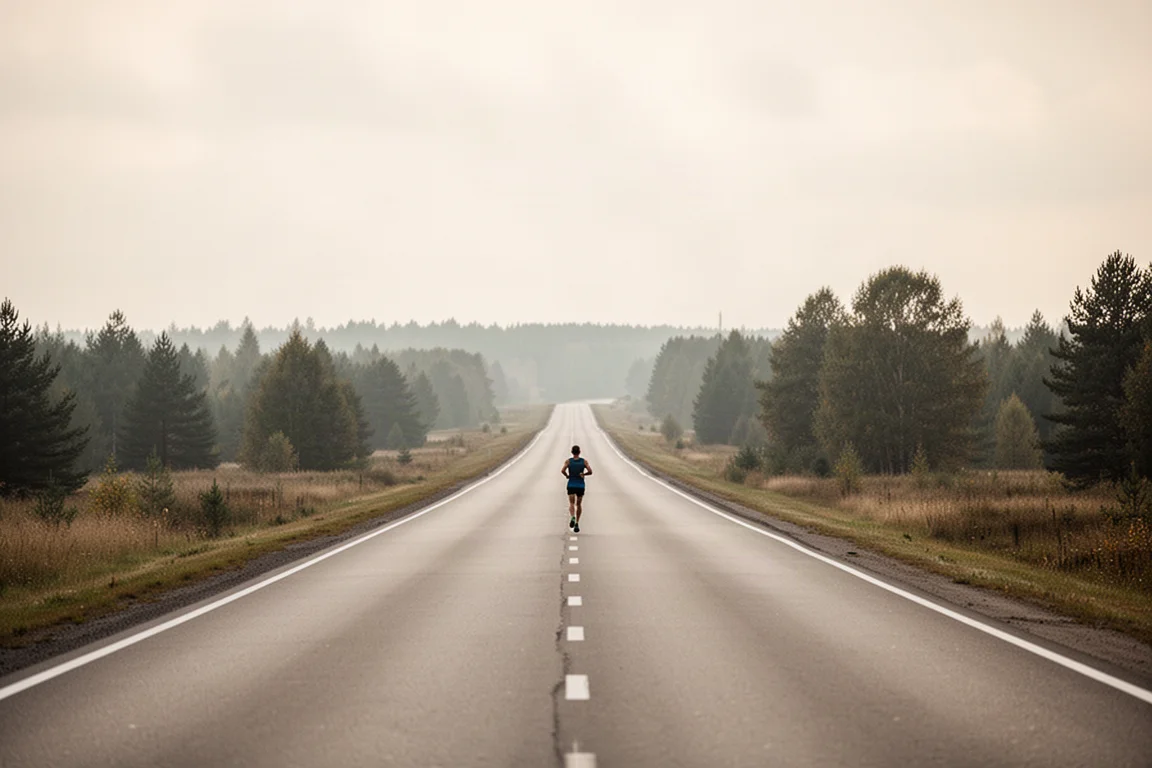 Coureur sur un long tronçon de route régulier, ciel ouvert et lisière d'arbres
